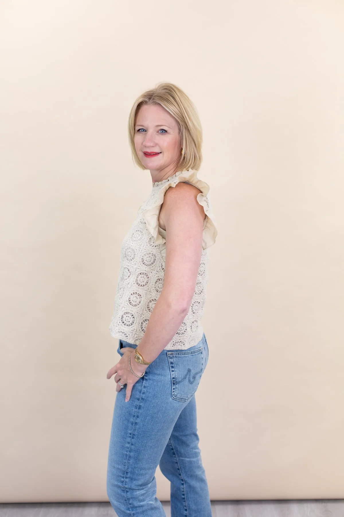 Crochet Flutter Sleeve Top sold by French Cuff