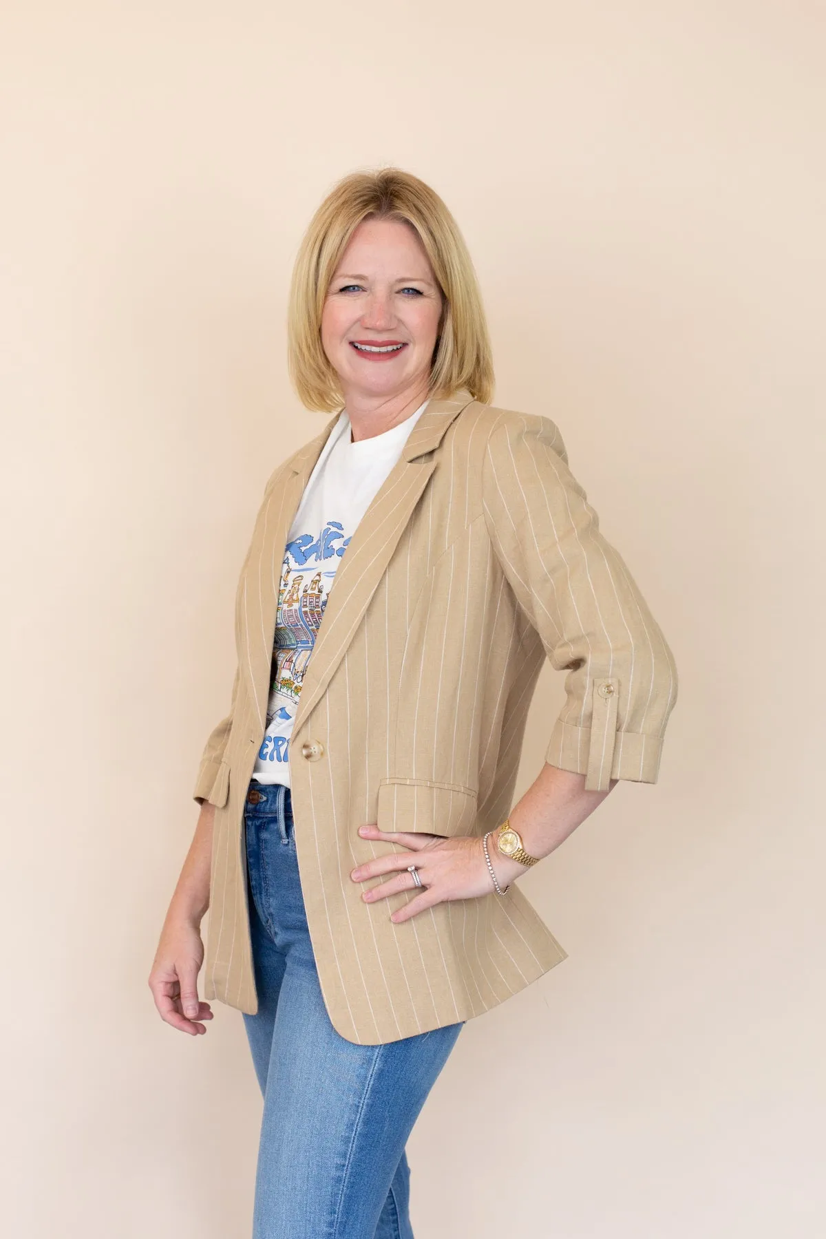 Linen One Button Rolled Sleeve Blazer sold by French Cuff product image thumbnail 2