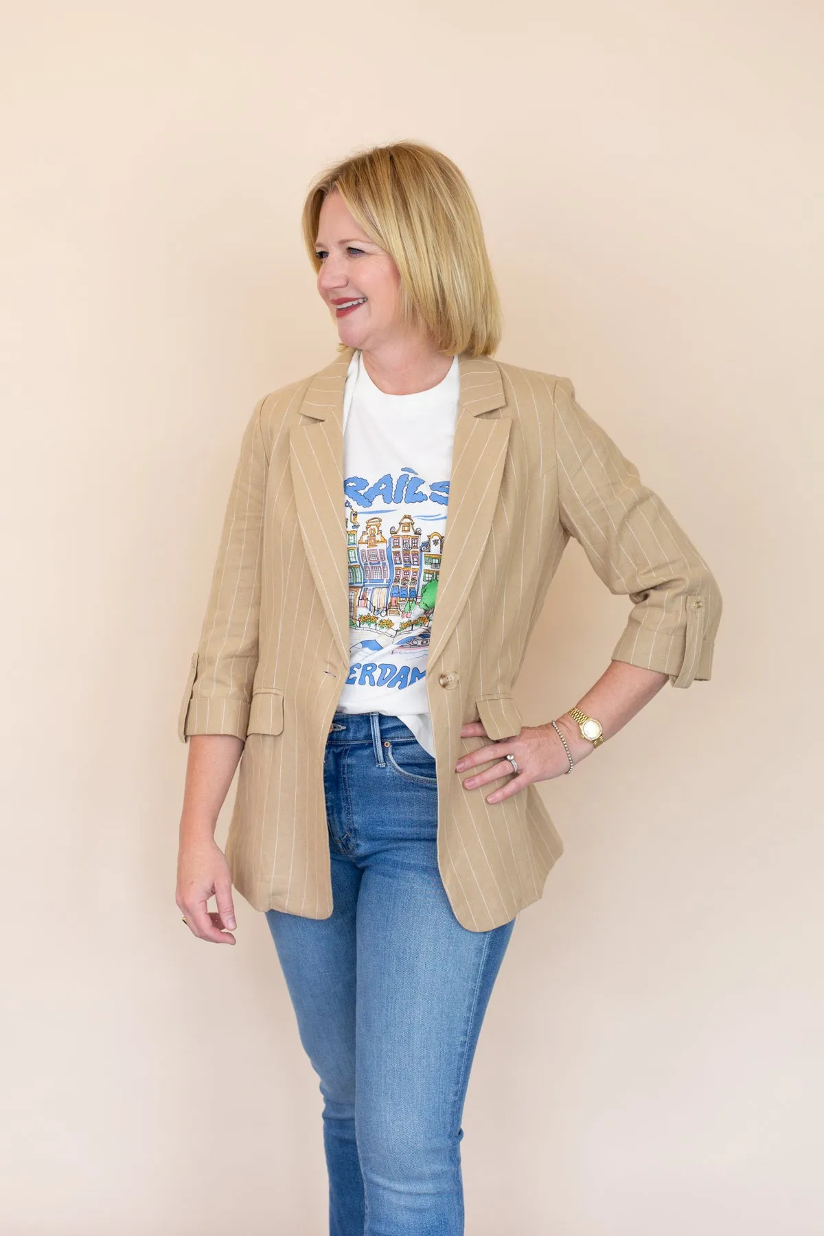 Linen One Button Rolled Sleeve Blazer sold by French Cuff