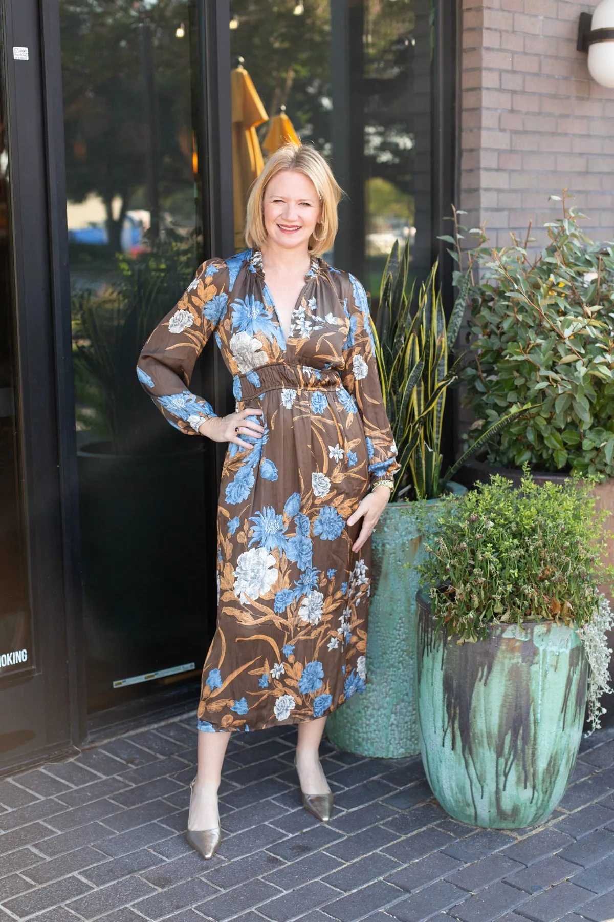 Brown Floral Long Sleeve V-Neck Midi Dress sold by French Cuff