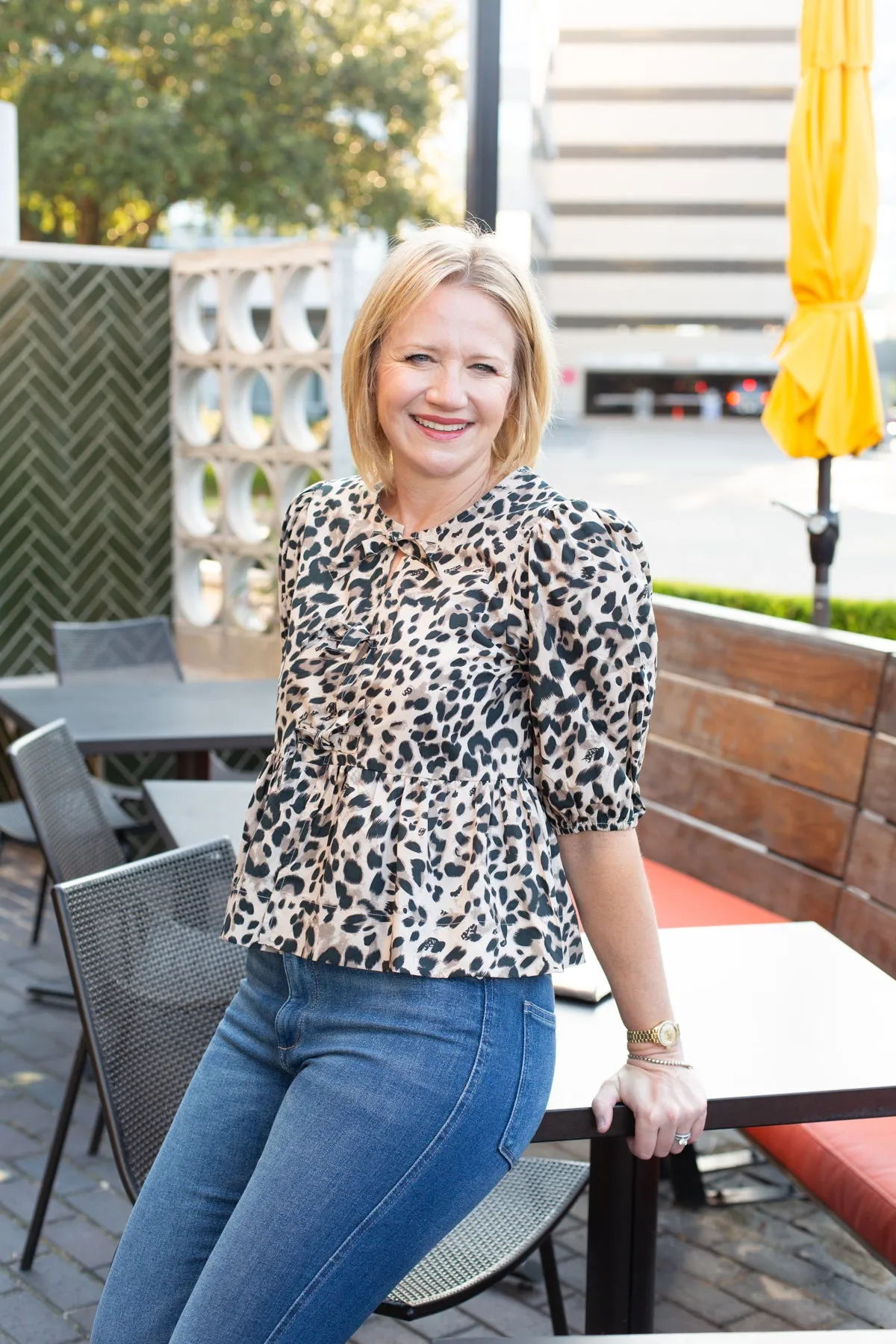 Leopard Puff Sleeve Peplum Tie Top sold by French Cuff