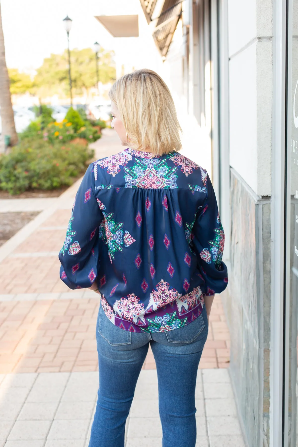 Navy Printed Long Sleeve Split Neck Blouse sold by French Cuff product image thumbnail 3