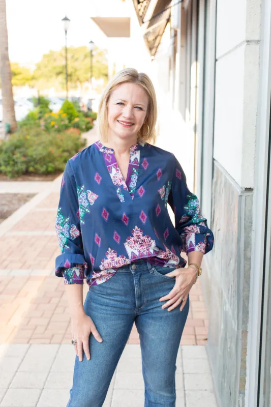 Navy Printed Long Sleeve Split Neck Blouse sold by French Cuff