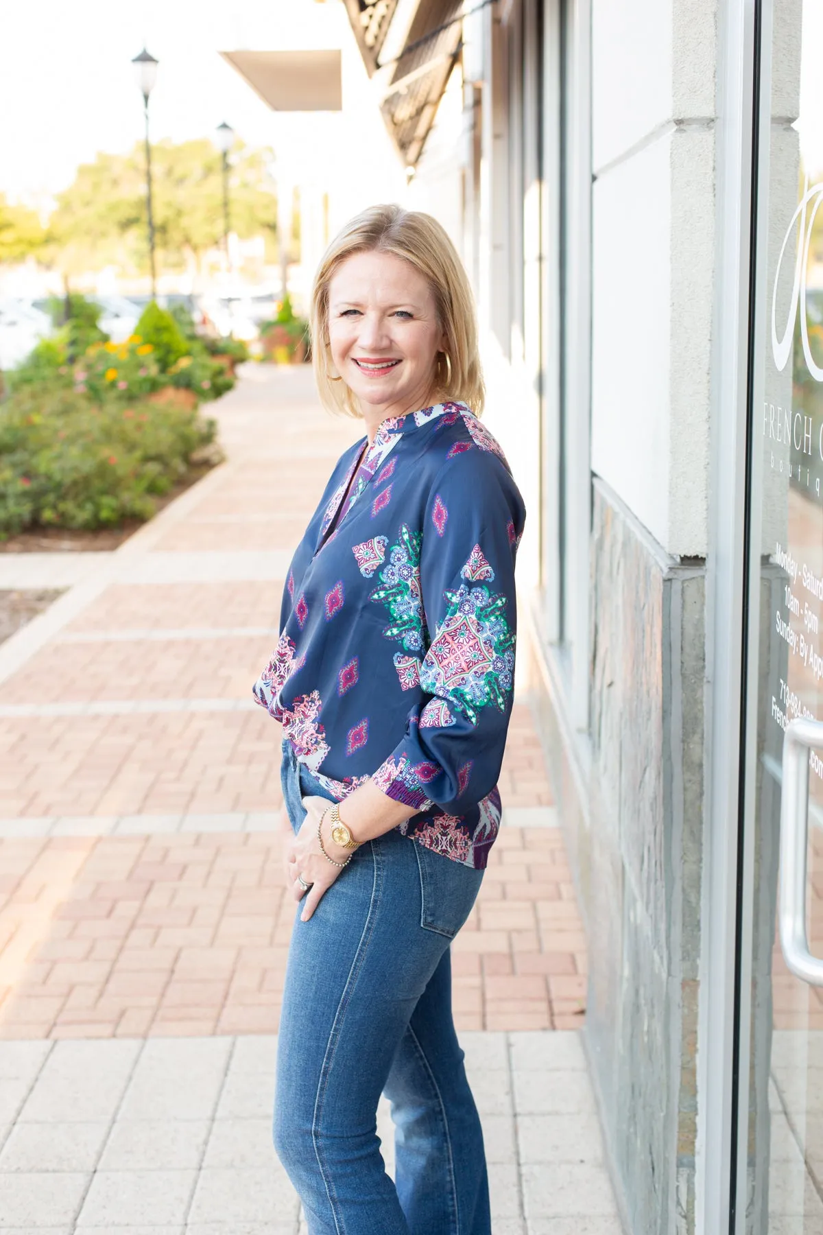 Navy Printed Long Sleeve Split Neck Blouse sold by French Cuff product image thumbnail 2