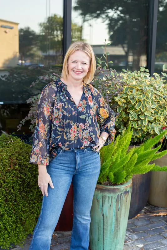 Navy Multi Long Sleeve Pleated Blouse sold by French Cuff
