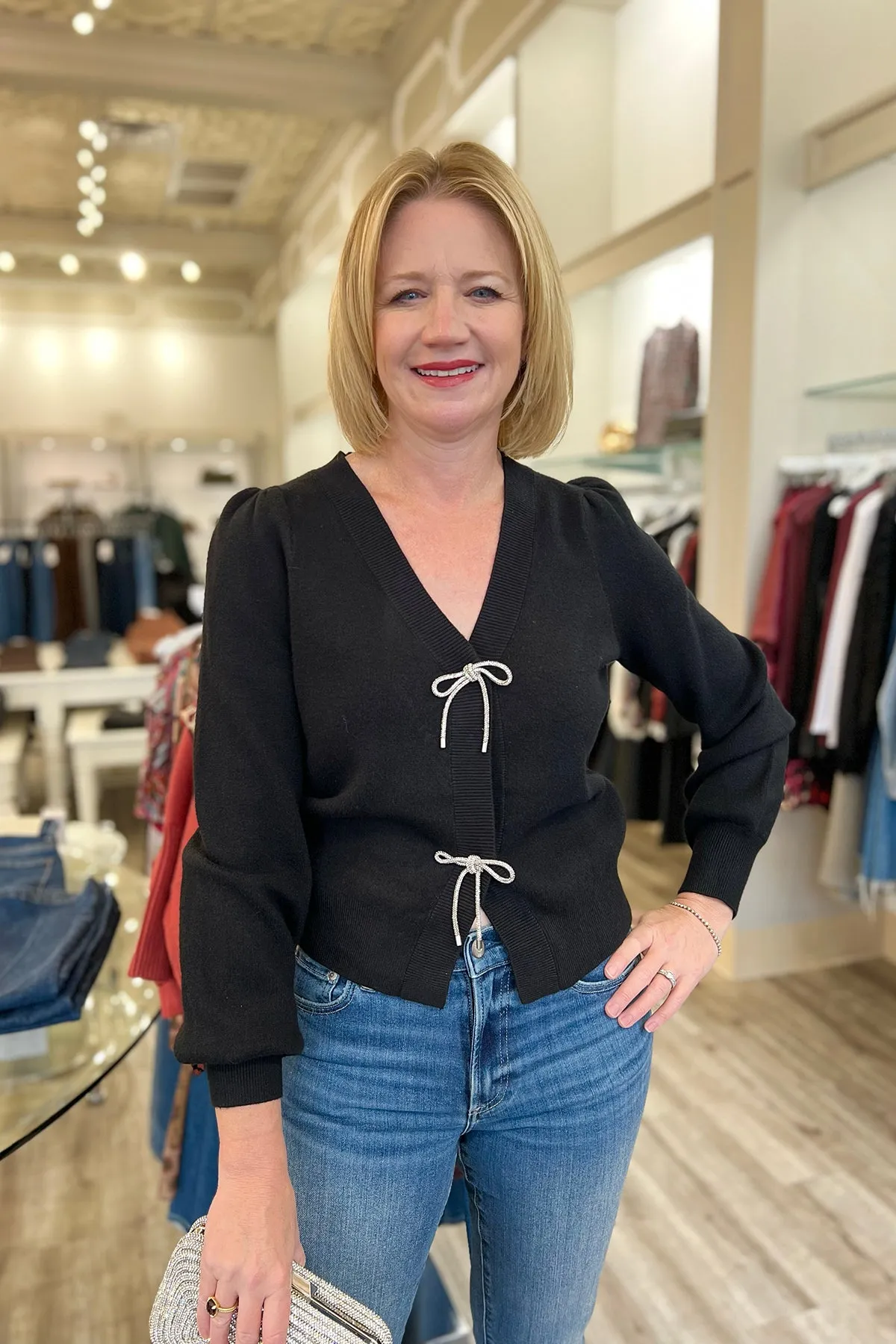 Rhinestone Bow Black Cardigan sold by French Cuff