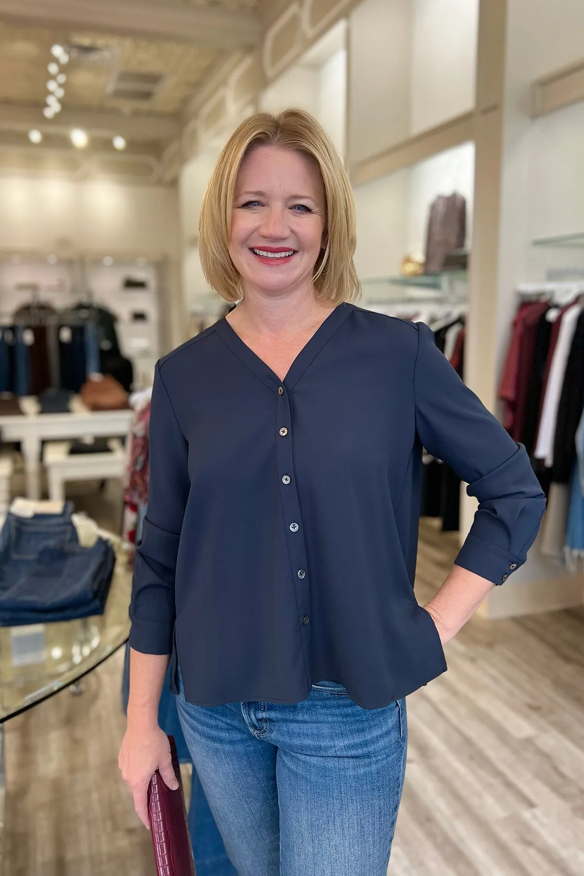 Slate Navy V-Neck Button Down Blouse sold by French Cuff