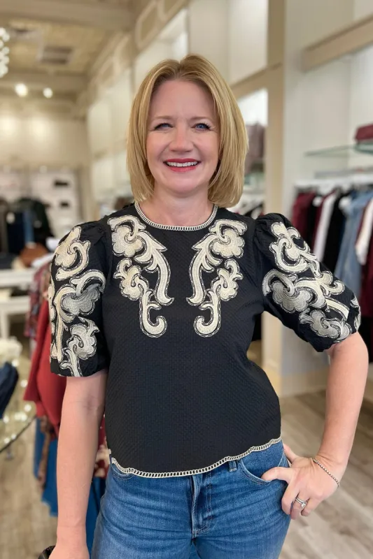 Black Embroidered Puff Sleeve Textured Top sold by French Cuff
