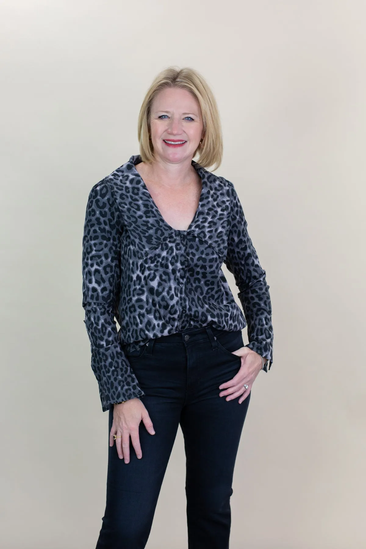 Collard Leopard Button Front Top sold by French Cuff