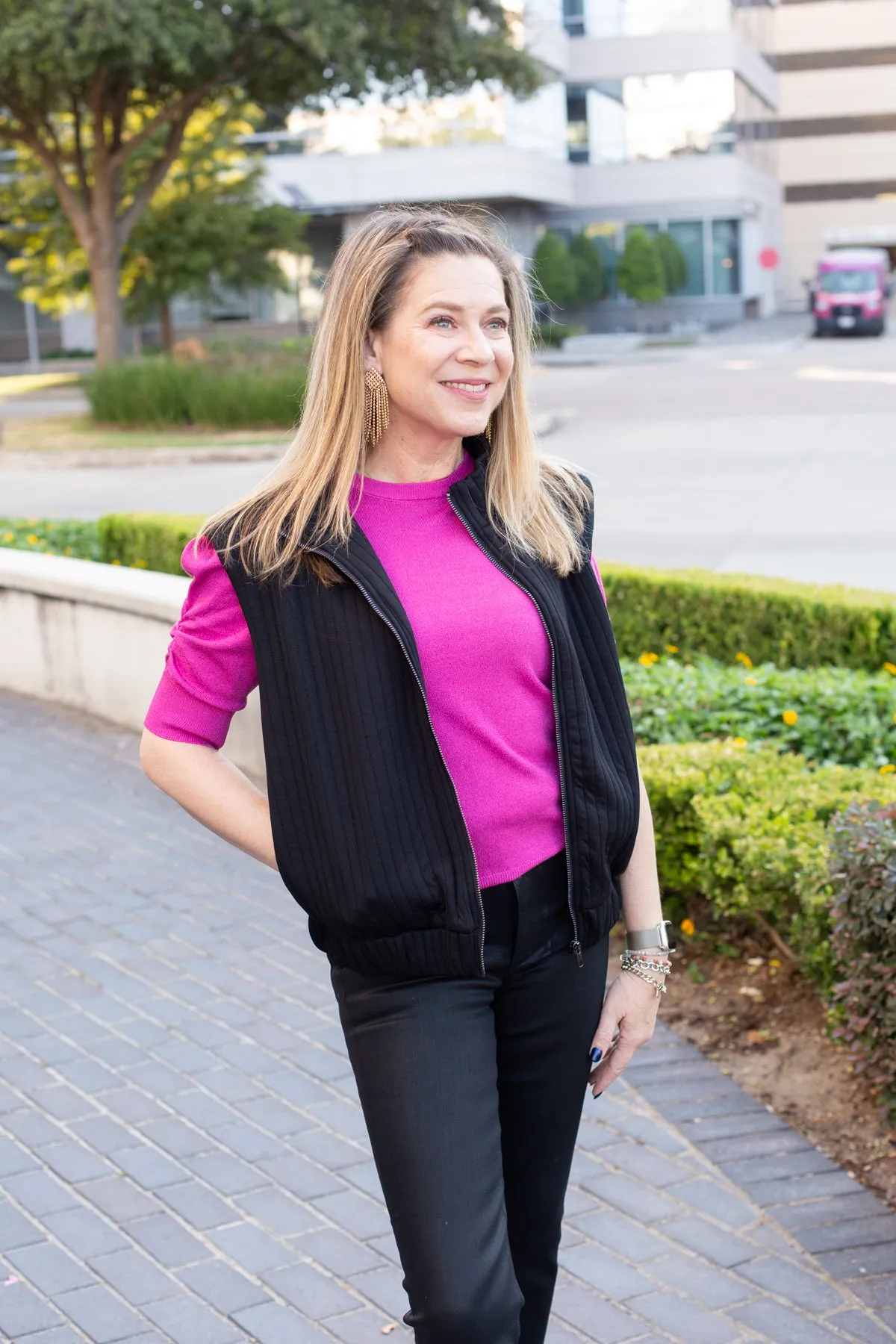 Black Striped Textured Zip Up Vest sold by French Cuff