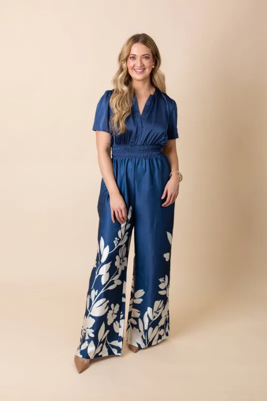 V-Neck Leaf Printed Wide Jumpsuit sold by French Cuff