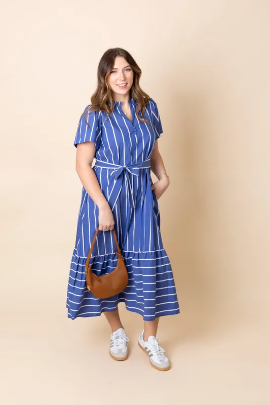 Blue & White Striped Midi Dress with Tie sold by French Cuff