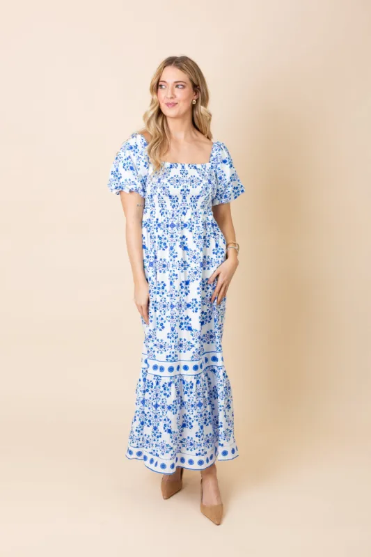 Blue Printed Smocked Top Maxi Dress sold by French Cuff