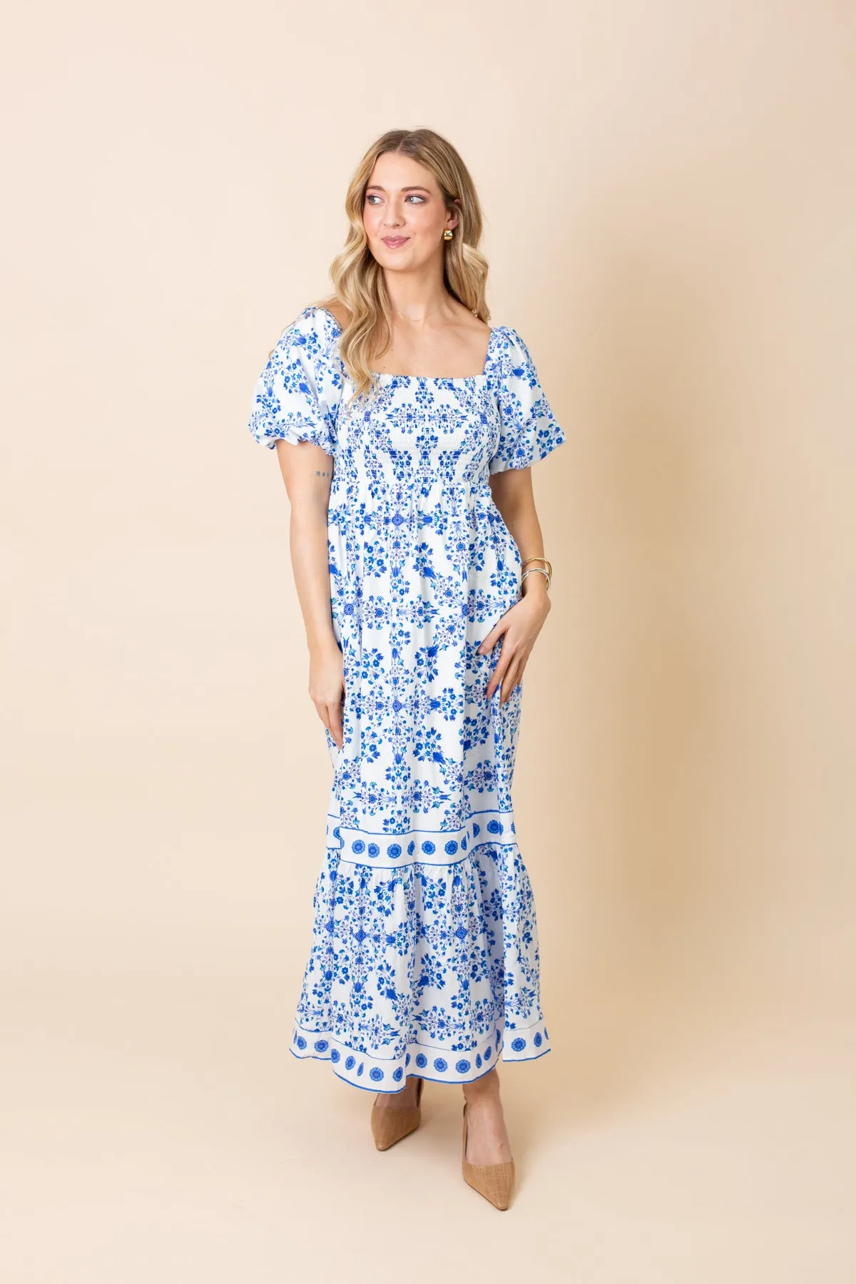 Blue Printed Smocked Top Maxi Dress sold by French Cuff