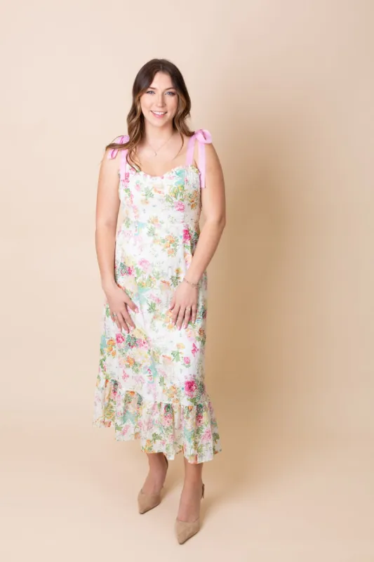 Eyelet Floral Midi Dress with Tie Shoulder sold by French Cuff