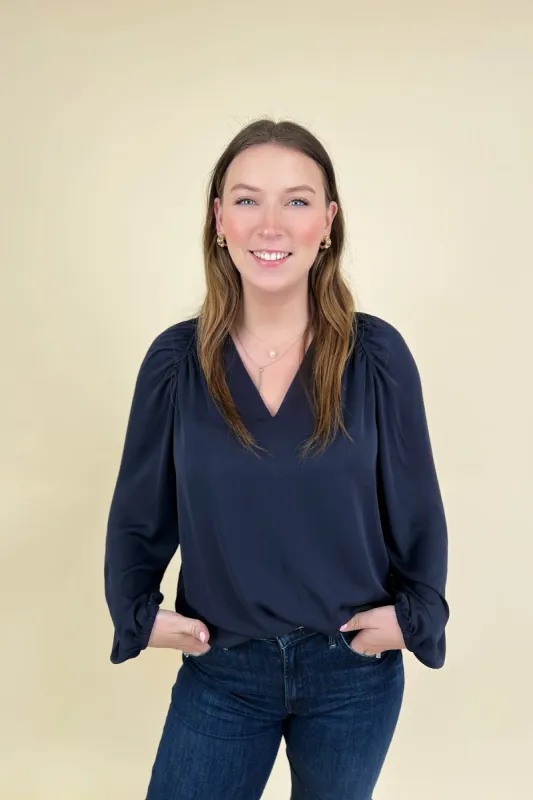 Dark Slate Long Sleeve Blouse with Pleated Detail sold by French Cuff