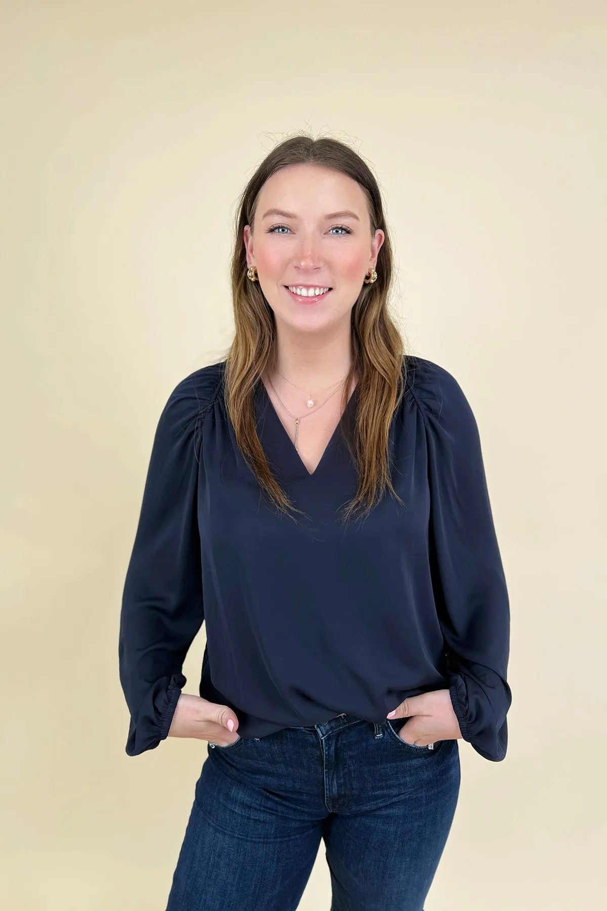 Dark Slate Long Sleeve Blouse with Pleated Detail sold by French Cuff