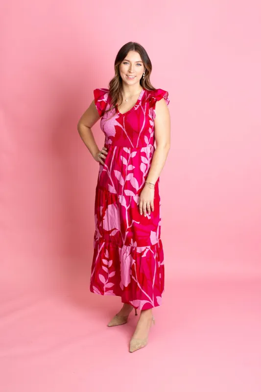 Red Floral Smocked Top Maxi Dress with Tiered Skirt sold by French Cuff