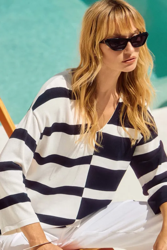 Striped Sweater Knit V-Neck Pullover sold by French Cuff