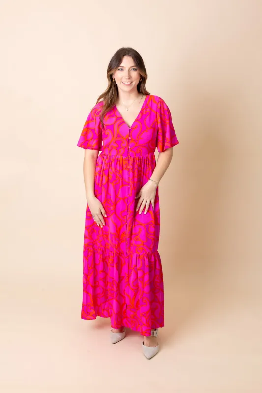Magenta & Orange Printed Maxi Dress sold by French Cuff