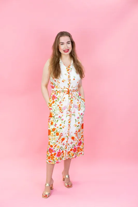 Floral Border Print Midi Dress with Belt sold by French Cuff