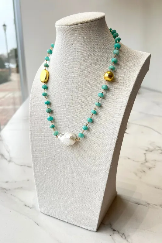 Amazonite Necklace with Pearl and Gold Beads sold by French Cuff