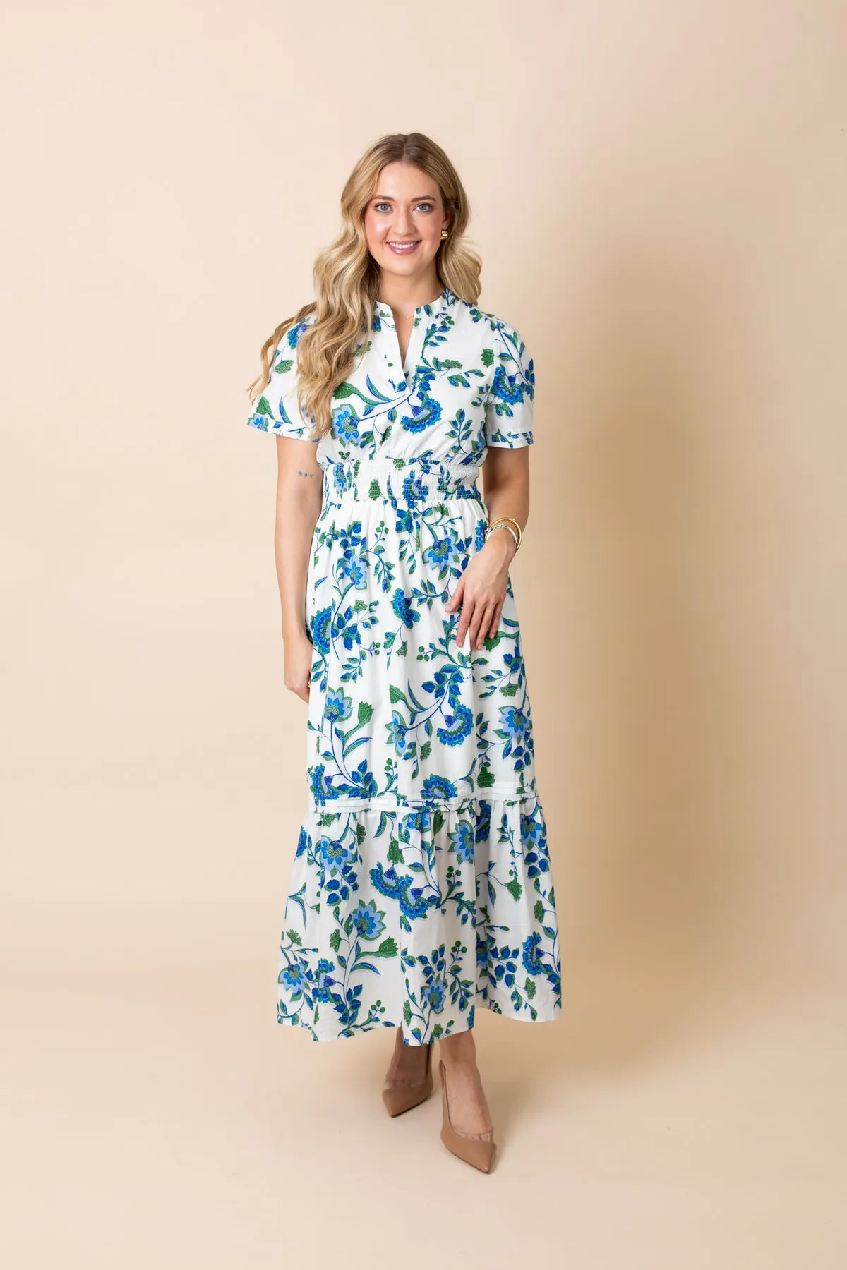 Blue Foral Poplin Maxi Dress with Elastic Waist sold by French Cuff