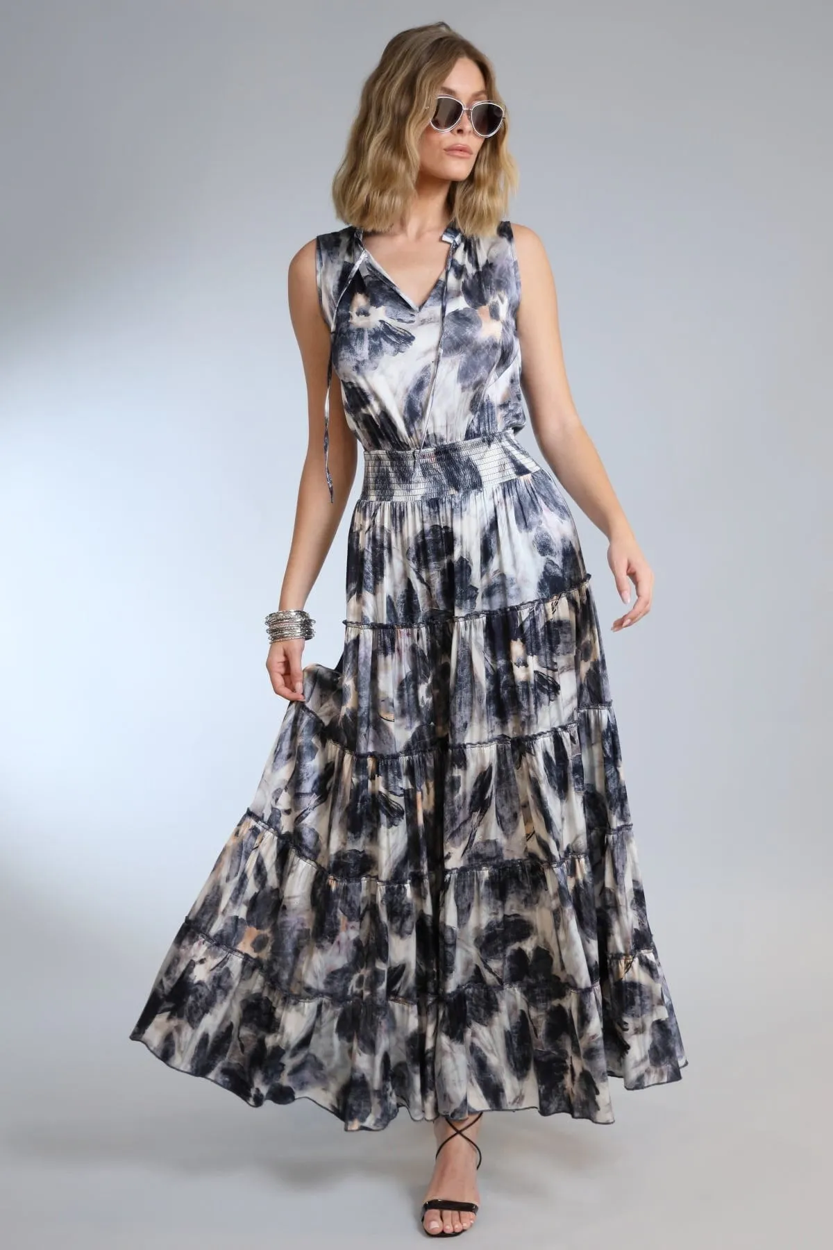 Denim Flower Tiered Maxi sold by French Cuff