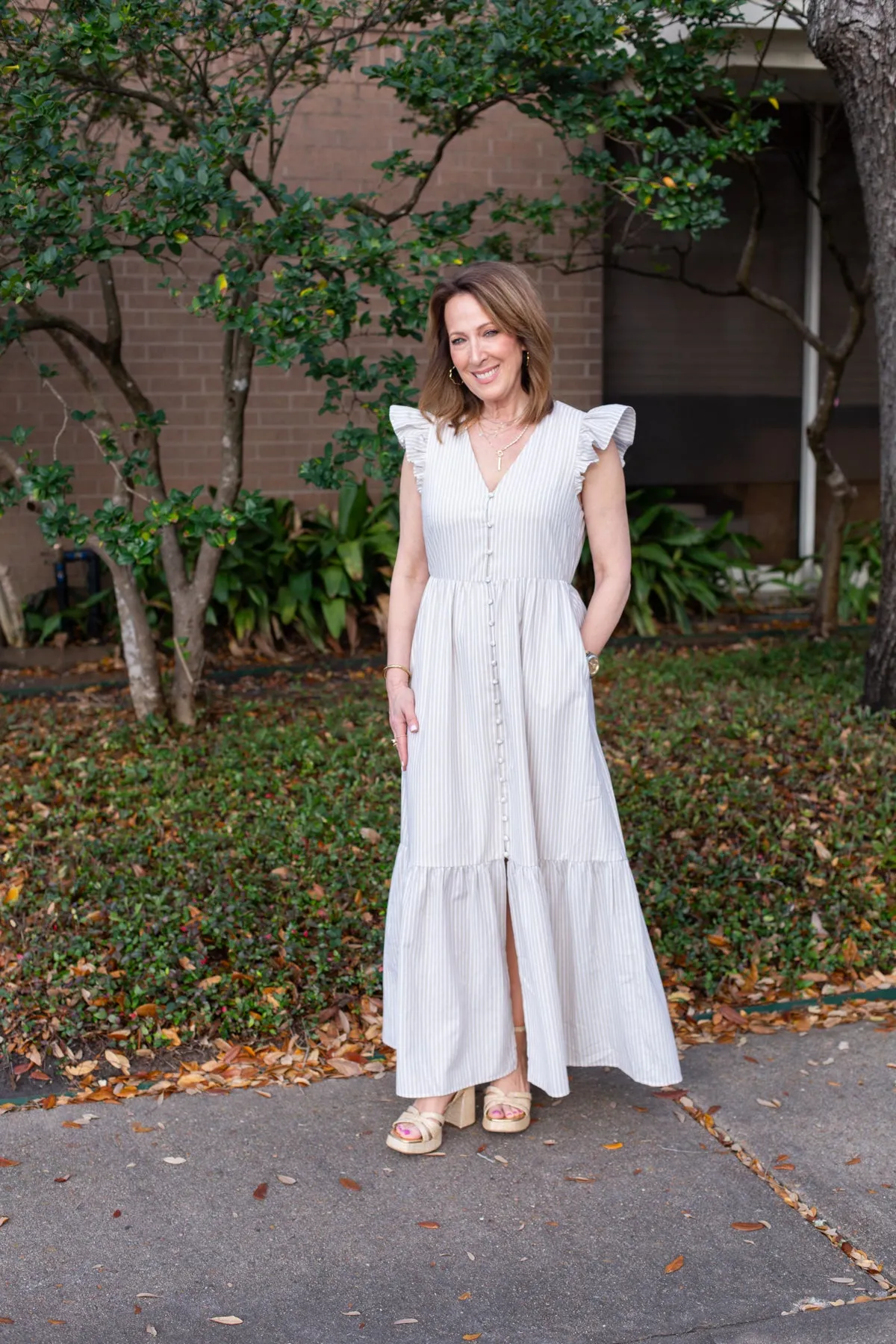 Tan & White Striped Maxi Dress sold by French Cuff