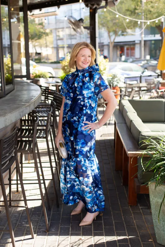 Organza Blue Floral High Neck Maxi Dress sold by French Cuff