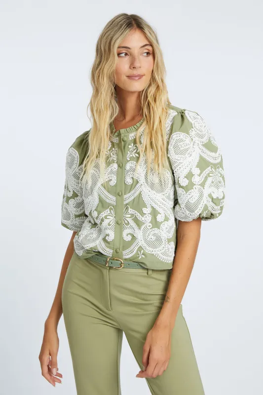 Lucia Sage Embroidery Top sold by French Cuff