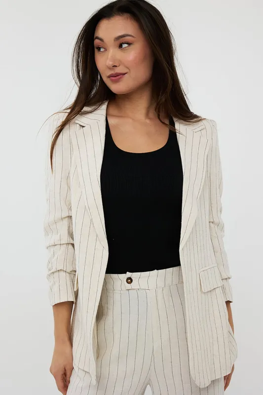 Gathered Sleeve Linen Stripe Blazer sold by French Cuff