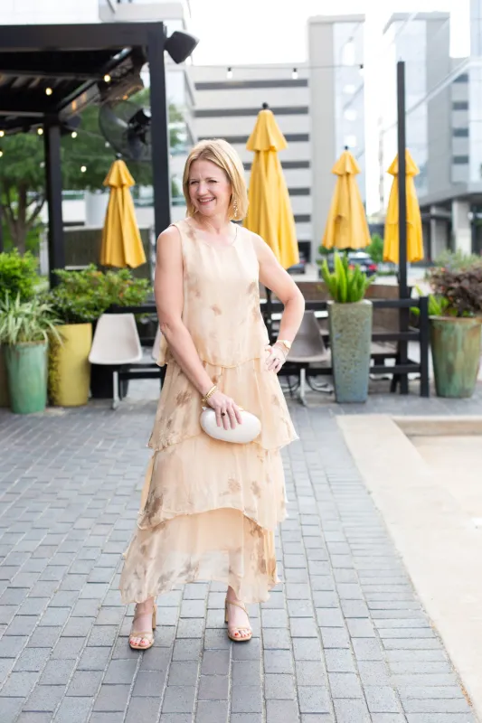 Splatter Print Sleeveless Tiered Silk Dress sold by French Cuff