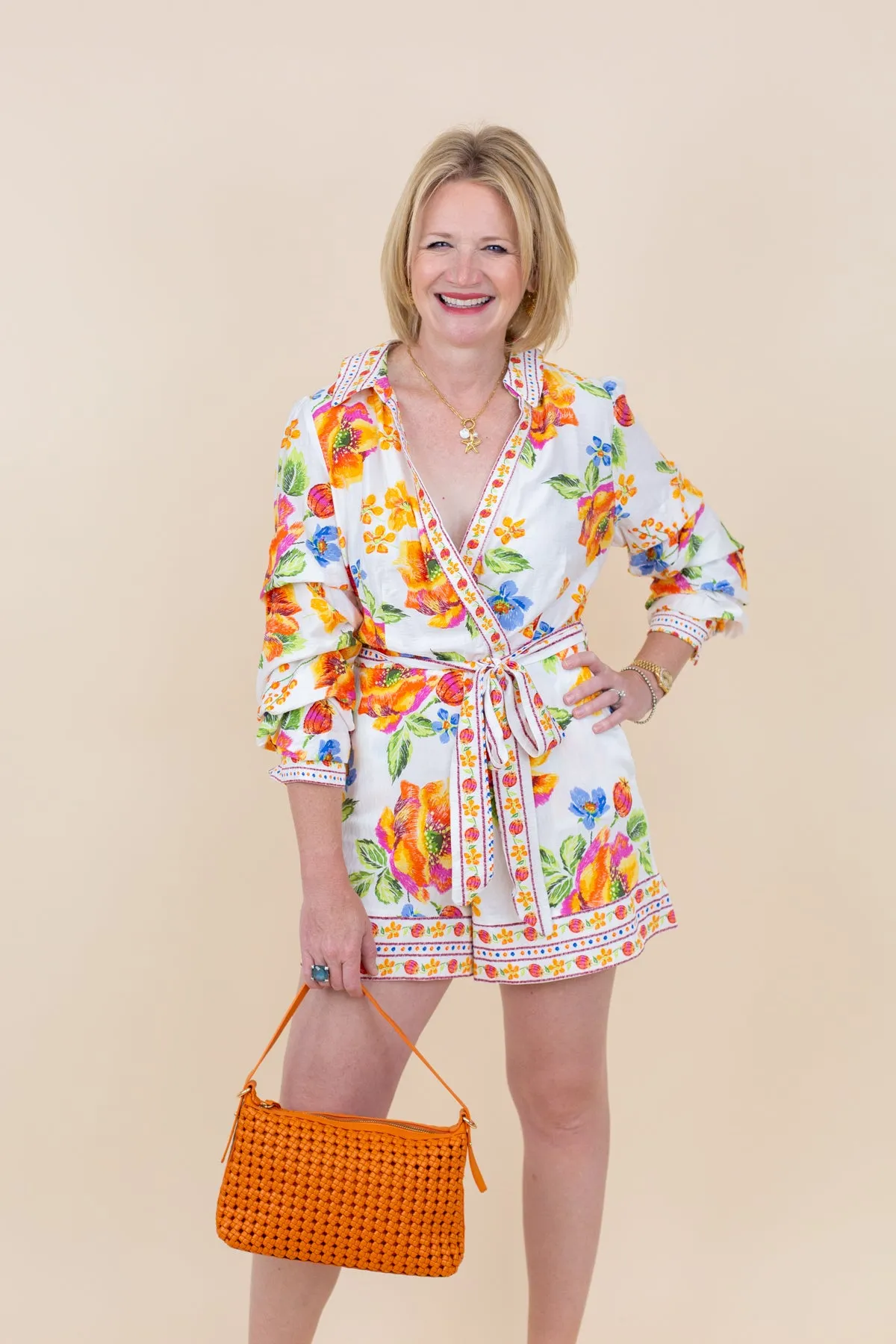 Border Printed 3/4 Sleeve Romper sold by French Cuff