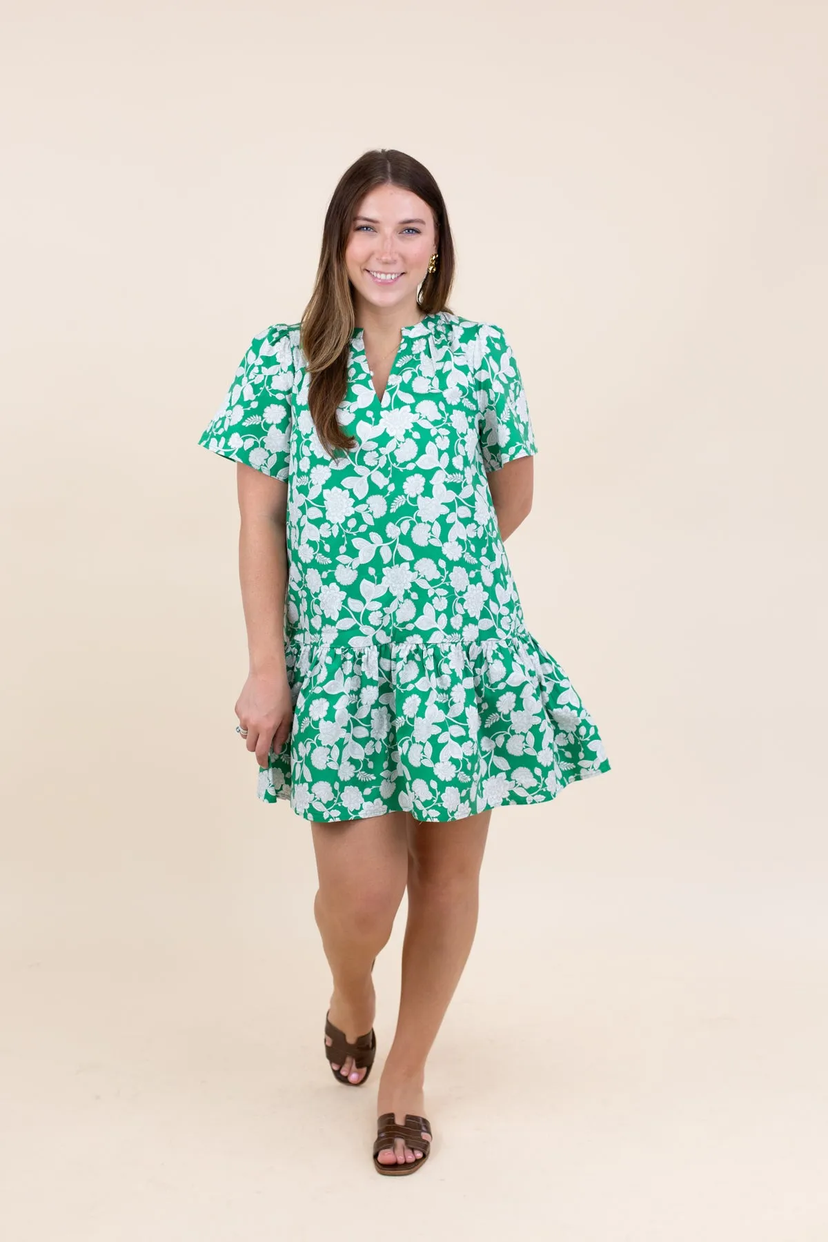 Green Floral Shift Mini Dress sold by French Cuff