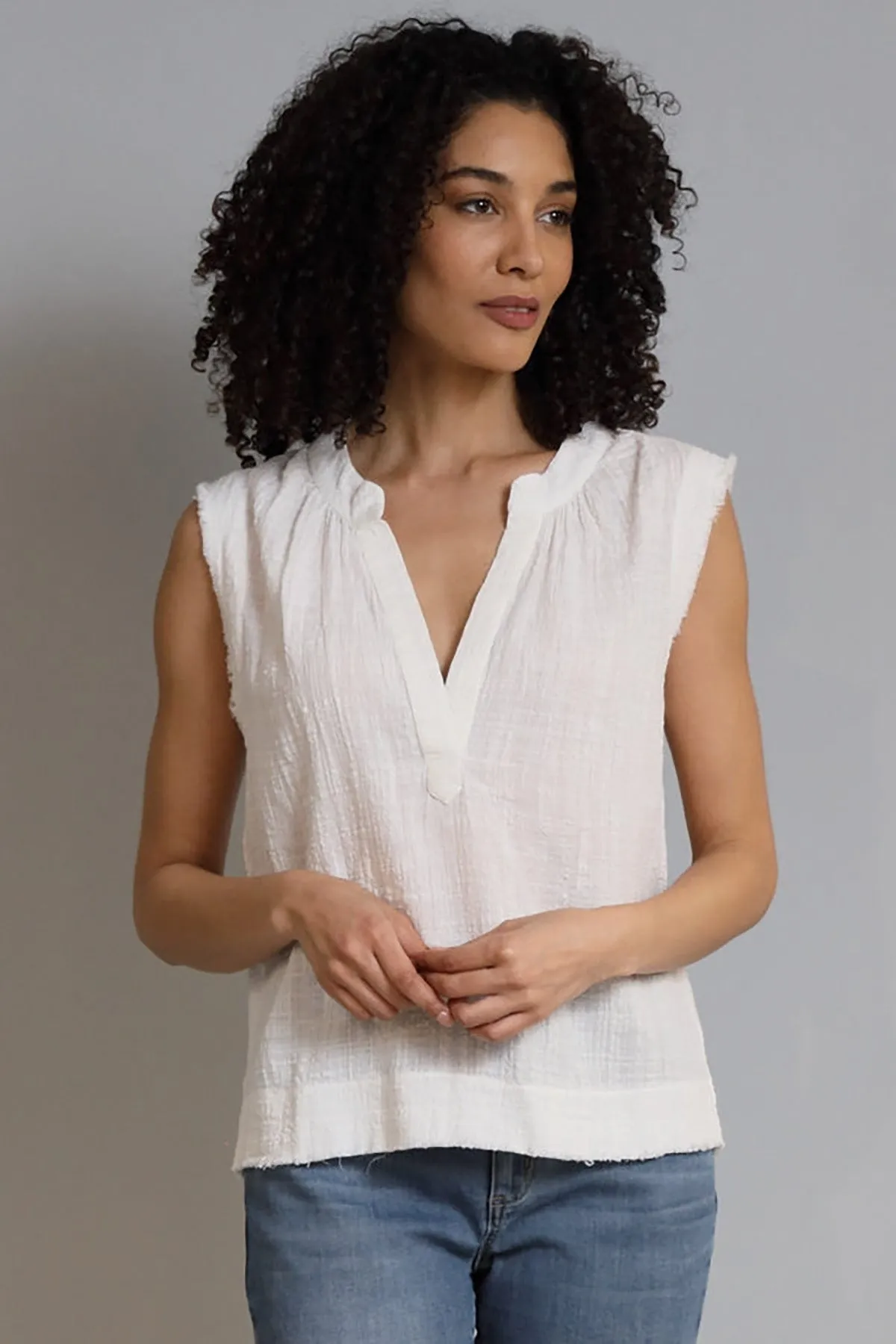 Crinkle Cotton Sleeveless Henley, White sold by French Cuff