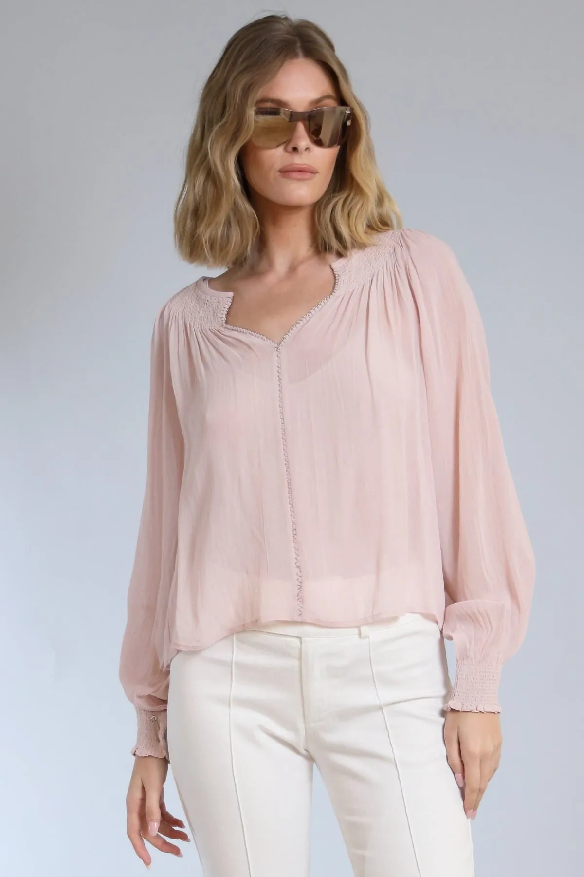 Smocked Neckline Long Sleeve Top sold by French Cuff