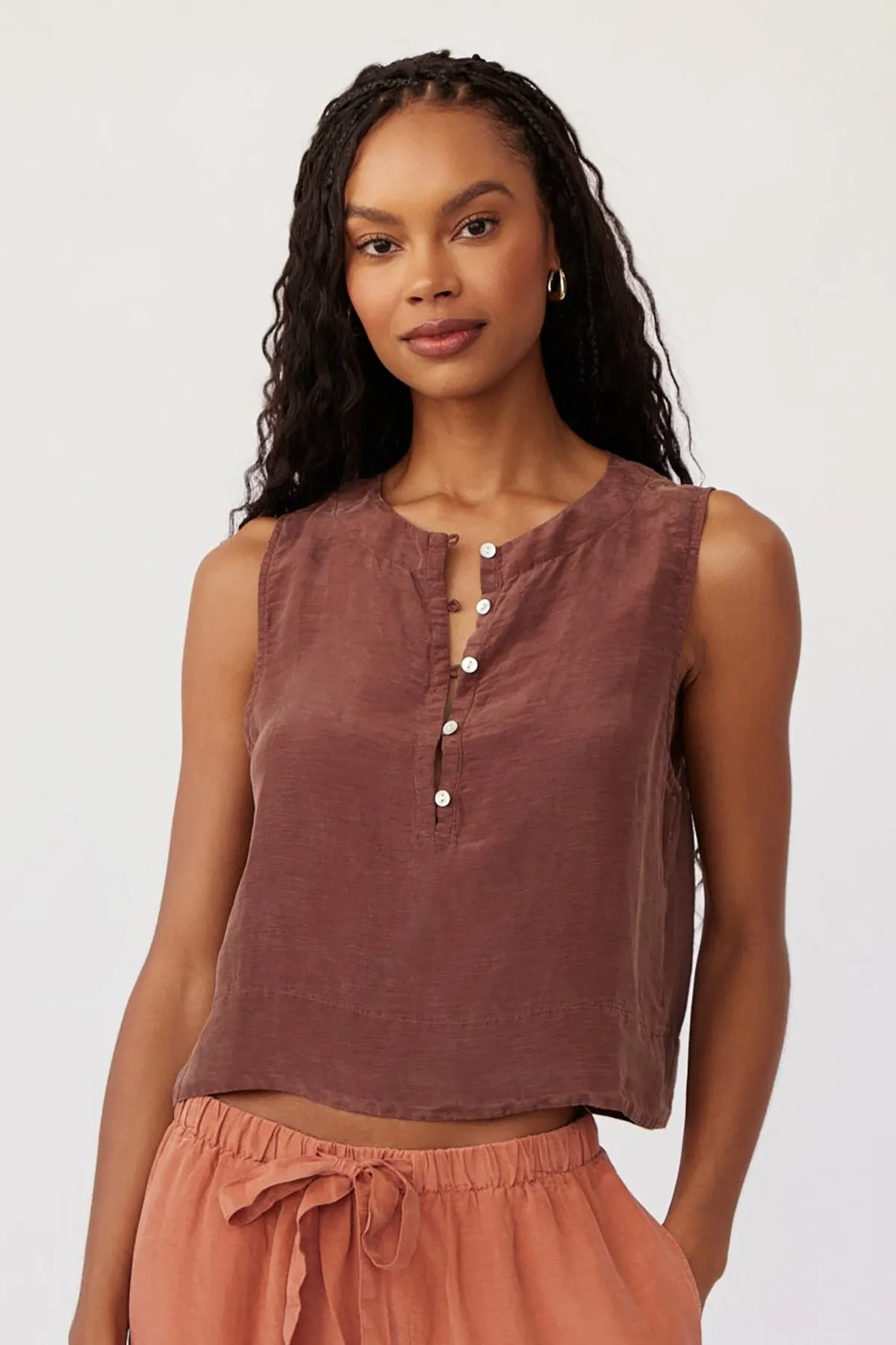 Sleeveless Half Placket Top sold by French Cuff