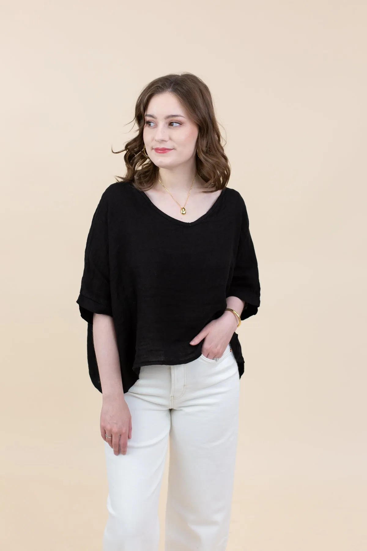 V-Neck Linen Dolman Sleeve Crop Top sold by French Cuff