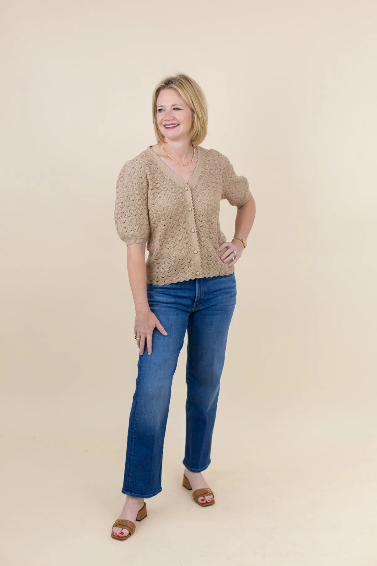 V-Neck Scalloped Edge Short Sleeve Cardigan sold by French Cuff product image thumbnail 5
