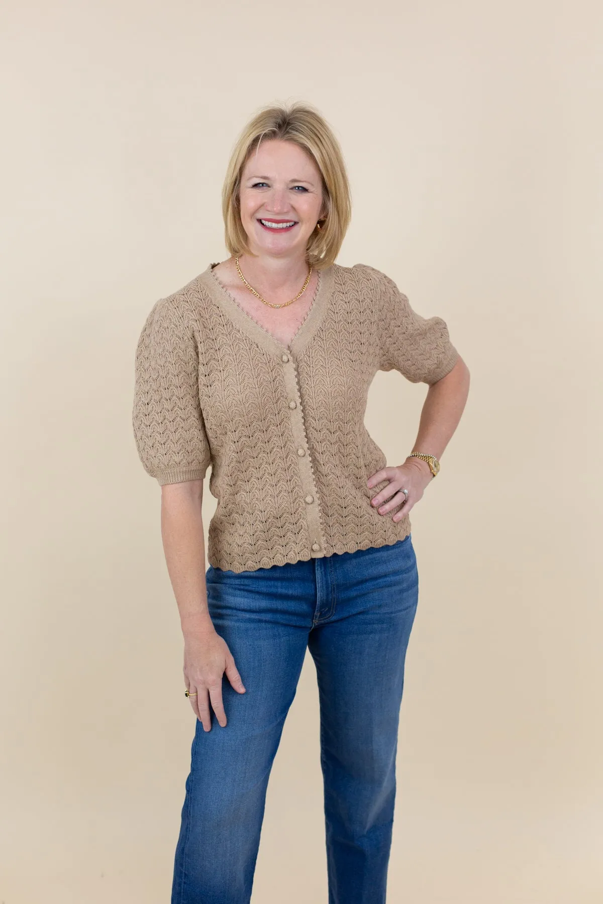 V-Neck Scalloped Edge Short Sleeve Cardigan sold by French Cuff