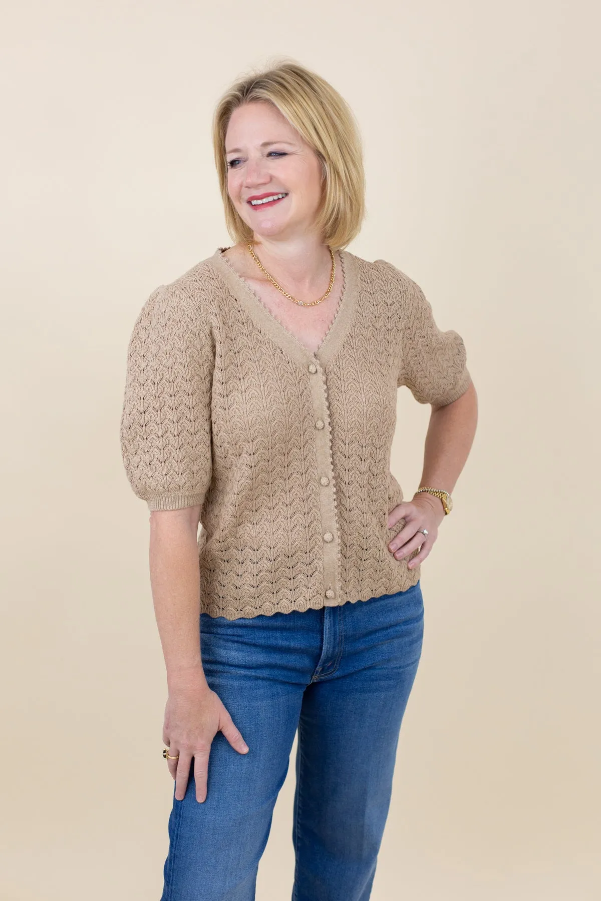 V-Neck Scalloped Edge Short Sleeve Cardigan sold by French Cuff product image thumbnail 3