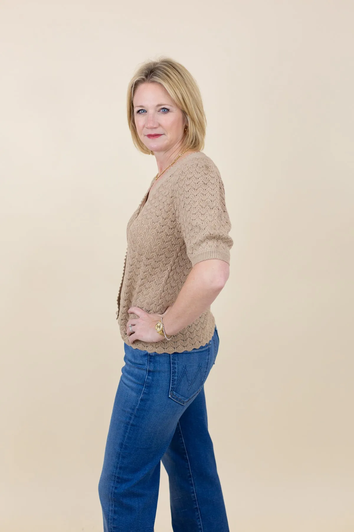 V-Neck Scalloped Edge Short Sleeve Cardigan sold by French Cuff product image thumbnail 2