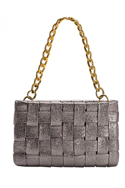 Mimie Pewter Metallic Recycled Vegan Crossbody Bag sold by French Cuff