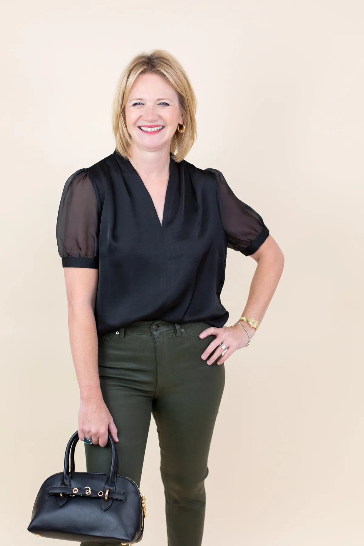 Sheer Puff Sleeve Satin V-neck Blouse sold by French Cuff