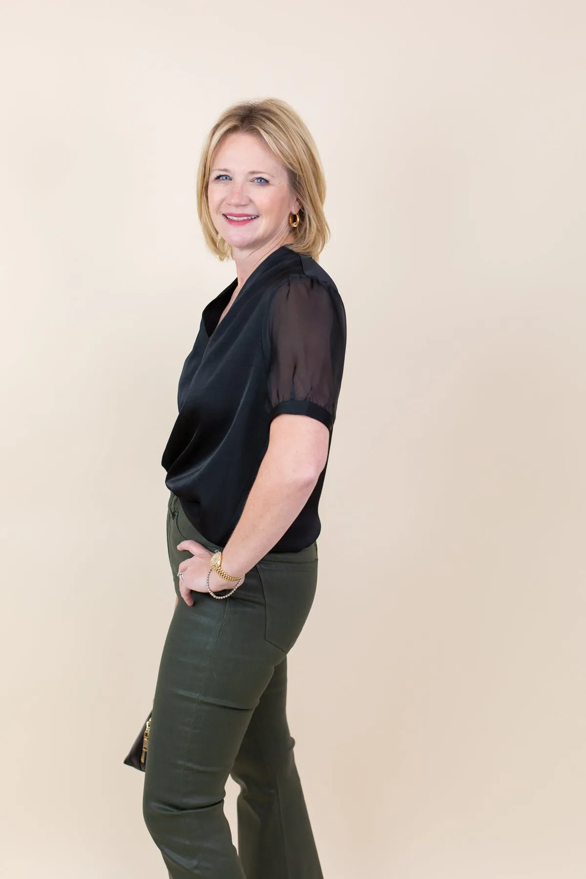 Sheer Puff Sleeve Satin V-neck Blouse sold by French Cuff product image thumbnail 2