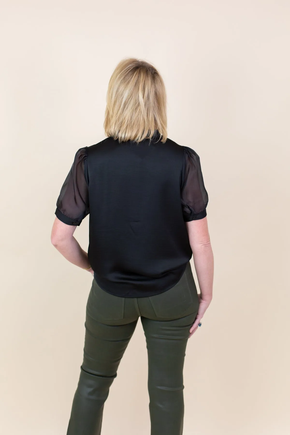 Sheer Puff Sleeve Satin V-neck Blouse sold by French Cuff product image thumbnail 3