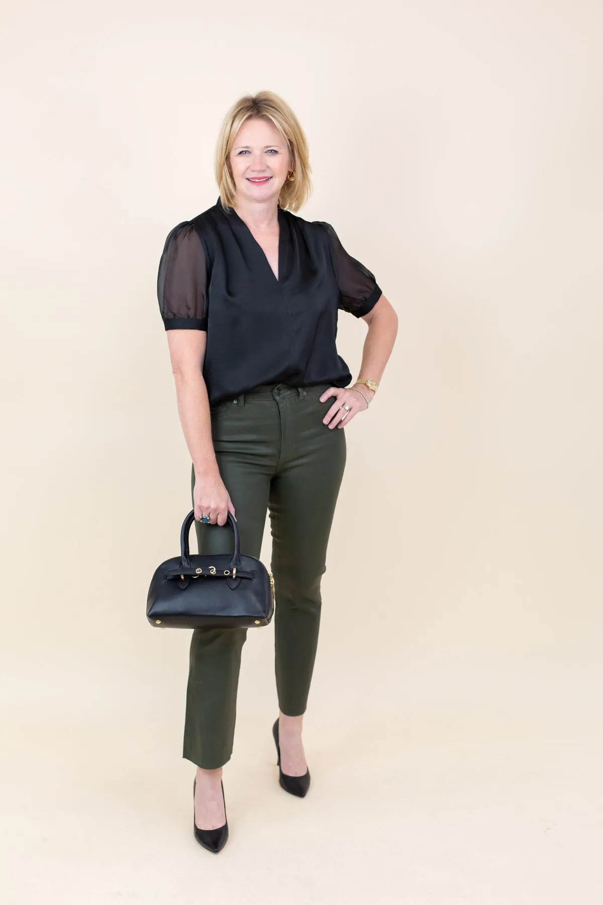 Sheer Puff Sleeve Satin V-neck Blouse sold by French Cuff product image thumbnail 4