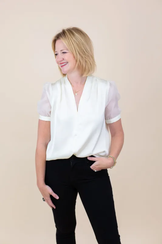 Sheer Puff Sleeve Satin V-neck Blouse sold by French Cuff