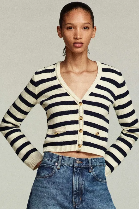 The Stripe V-Neck Sweater sold by French Cuff